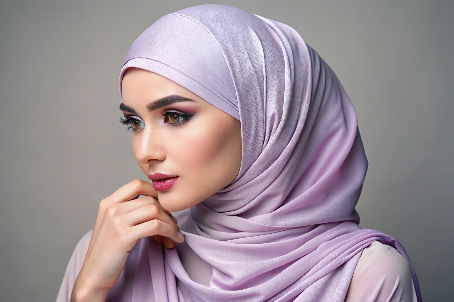 Ein elegantes Hijab in einem pastelligen Lavendelton, kunstvoll um einen Kopf drapiert, mit sanften Falten und einem matten Finish, vor einem hellen, unscharfen Hintergrund, der die Zartheit der Farbe betont