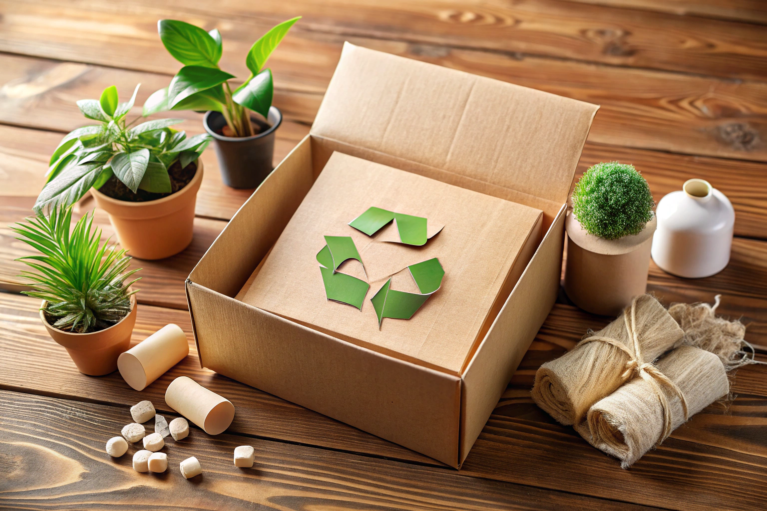 A neatly packed cardboard box with eco-friendly packaging materials on a wooden table, symbolizing secure and sustainable shipping