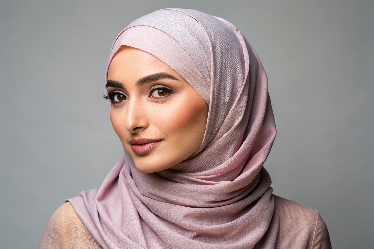 Ein weicher, faltenreicher Hijab aus hochwertigem Stoff, der sanft drapiert ist und eine glatte Textur zeigt, auf einem hellen Hintergrund ohne erkennbare Markierungen