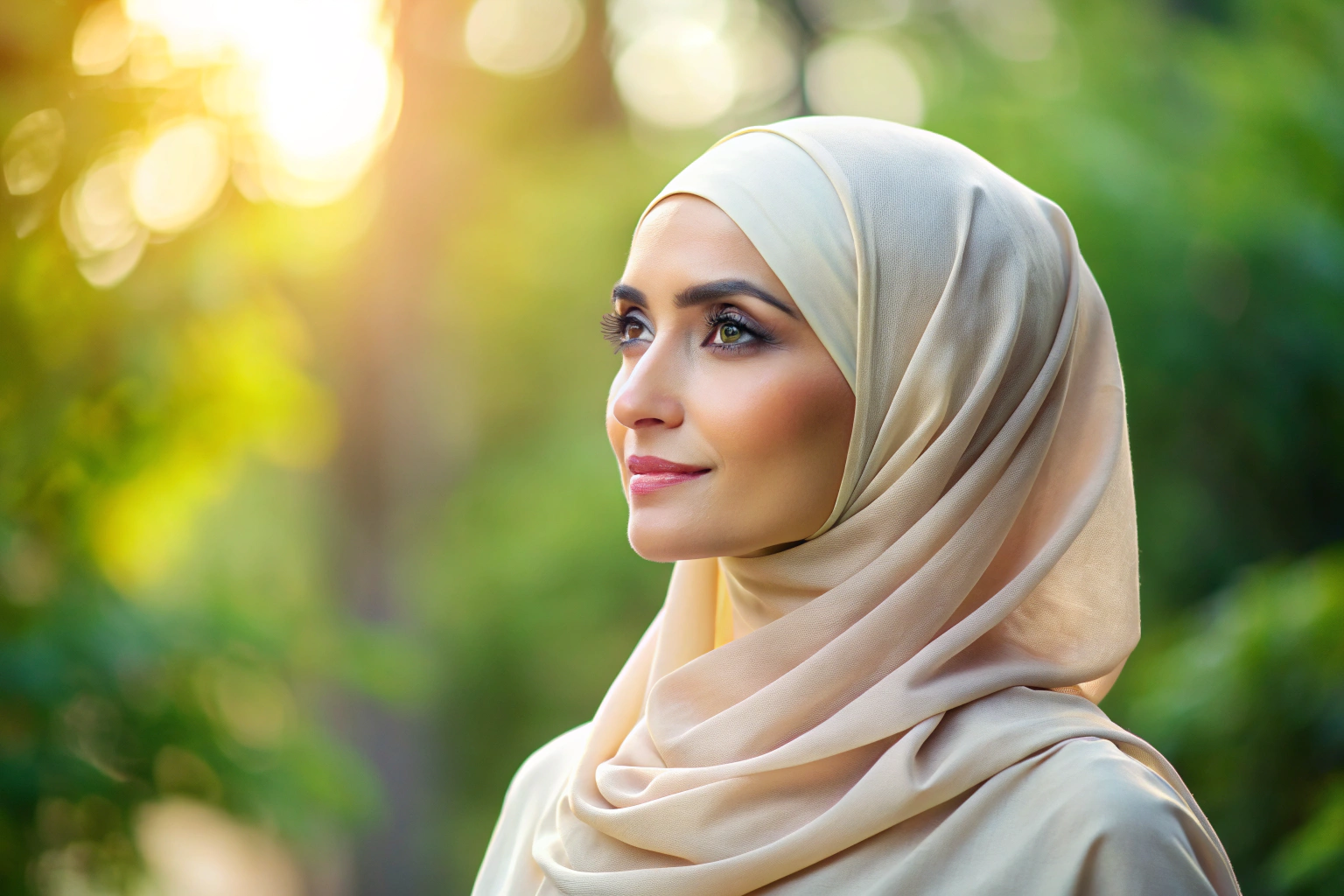 Eine muslimische Frau mit einem dezenten, cremefarbenen Hijab, der locker um Kopf und Schultern drapiert ist, in einer ruhigen, natürlichen Umgebung mit unscharfem Hintergrund, um den Fokus auf die Eleganz und Einfachheit des Hijabs zu legen