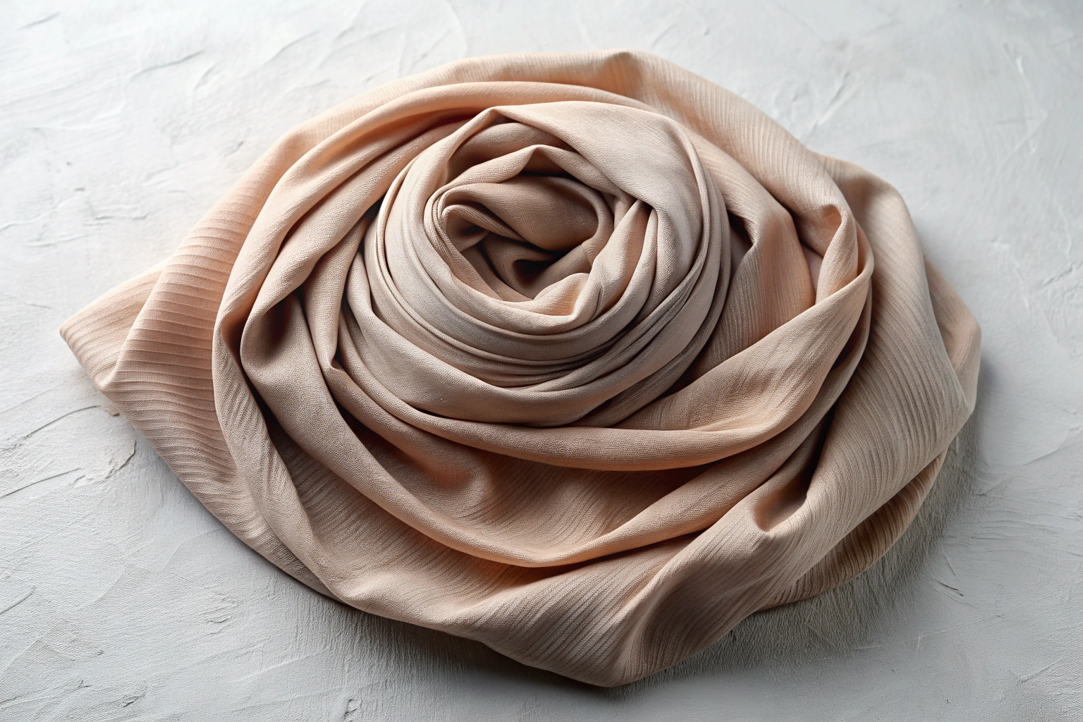 Ein elegantes, faltenreiches Hijab-Tuch in neutralen Farbtönen, das sanft auf einem glatten, hellen Untergrund liegt und die feine Textur des Stoffes betont