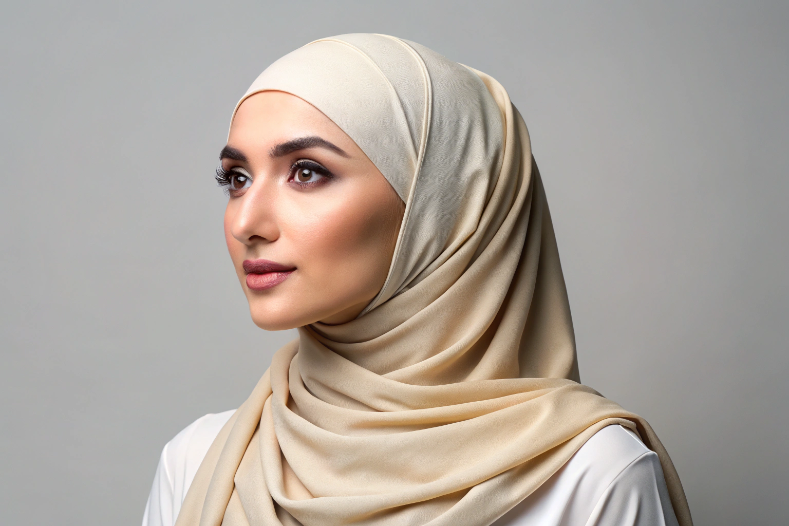 Eine Frau, die einen hellbeigen Hijab in einem klassischen Wickelstil trägt, mit dem Tuch sanft um Kopf und Hals gelegt, vor einem einfarbigen, hellen Hintergrund, um die Anleitung visuell zu unterstützen