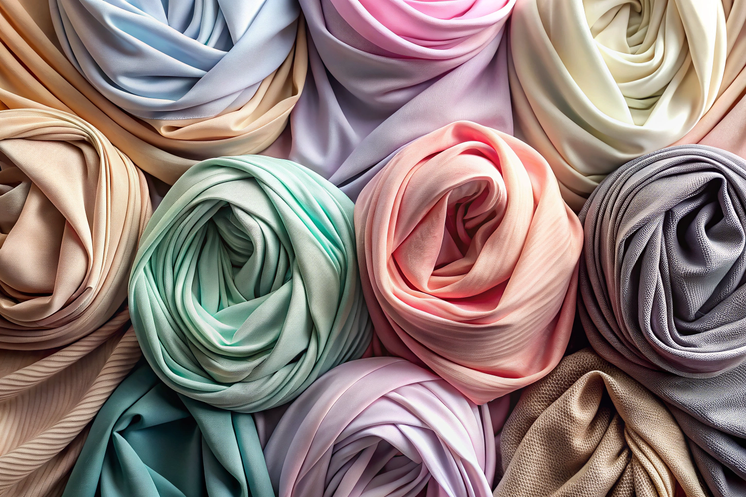 Detailaufnahme von verschiedenen Hijab-Stoffen in Pastellfarben, die nebeneinander liegen und ihre Textur zeigen, mit weichem Licht, das die Unterschiede in Webart und Glanz betont