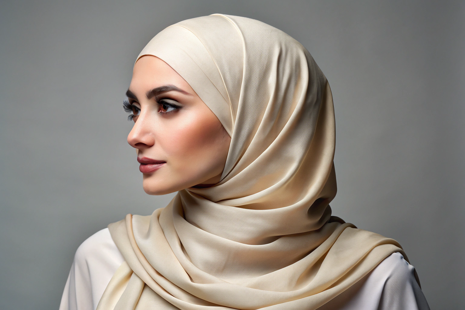 Ein weicher, cremefarbener Hijab, kunstvoll auf einem hellgrauen Stoff drapiert, mit sanftem Licht, das die feinen Falten und die samtige Textur betont, ohne jegliche Schrift oder Symbole